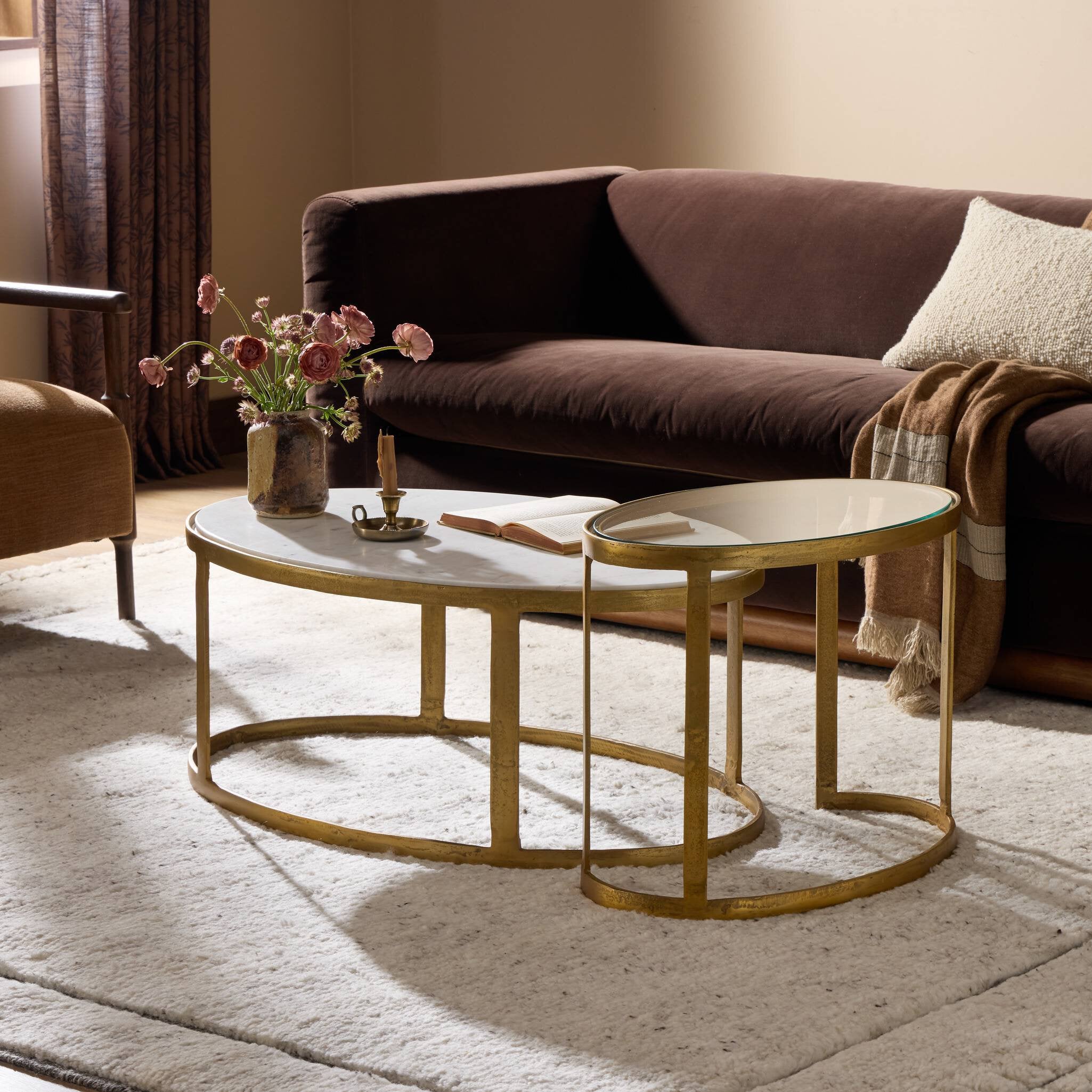 Four Hands Calder Nesting Coffee Table — Raw Brass-Tempered Glass-Polished White Marble