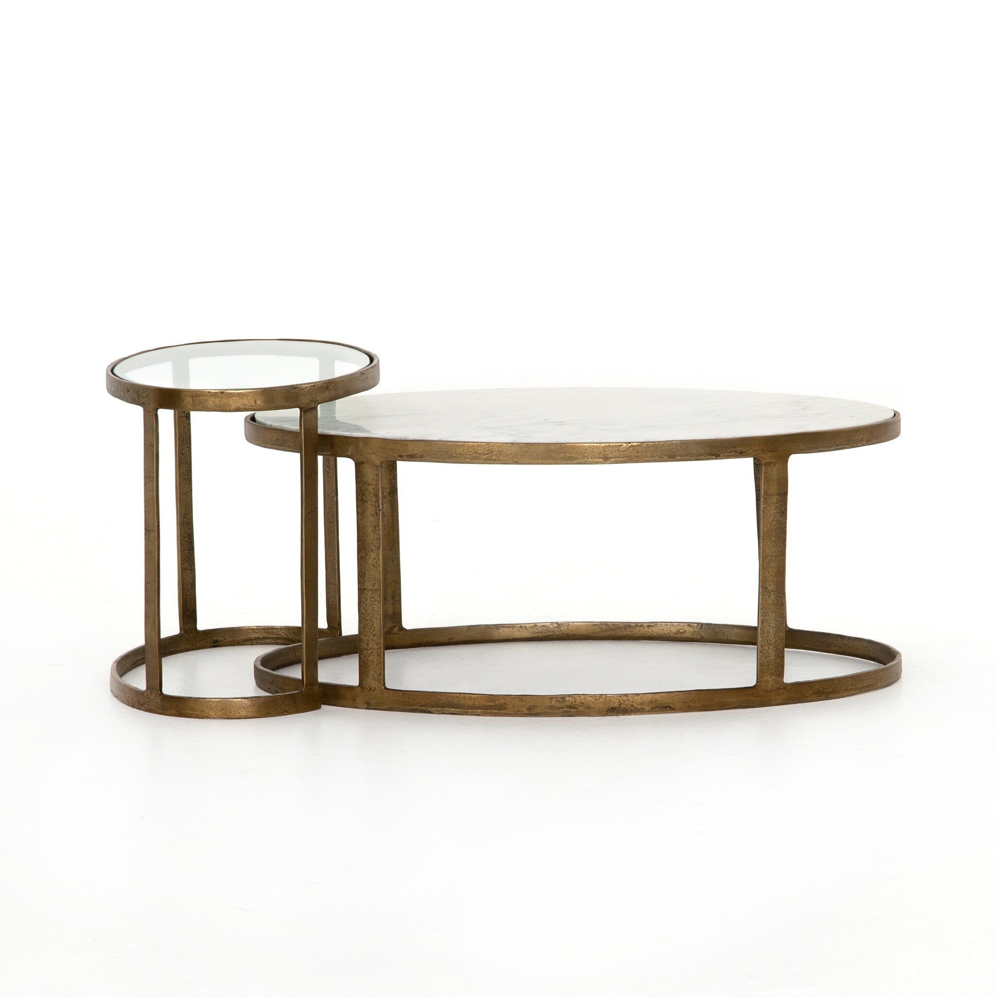 Four Hands Calder Nesting Coffee Table — Raw Brass-Tempered Glass-Polished White Marble