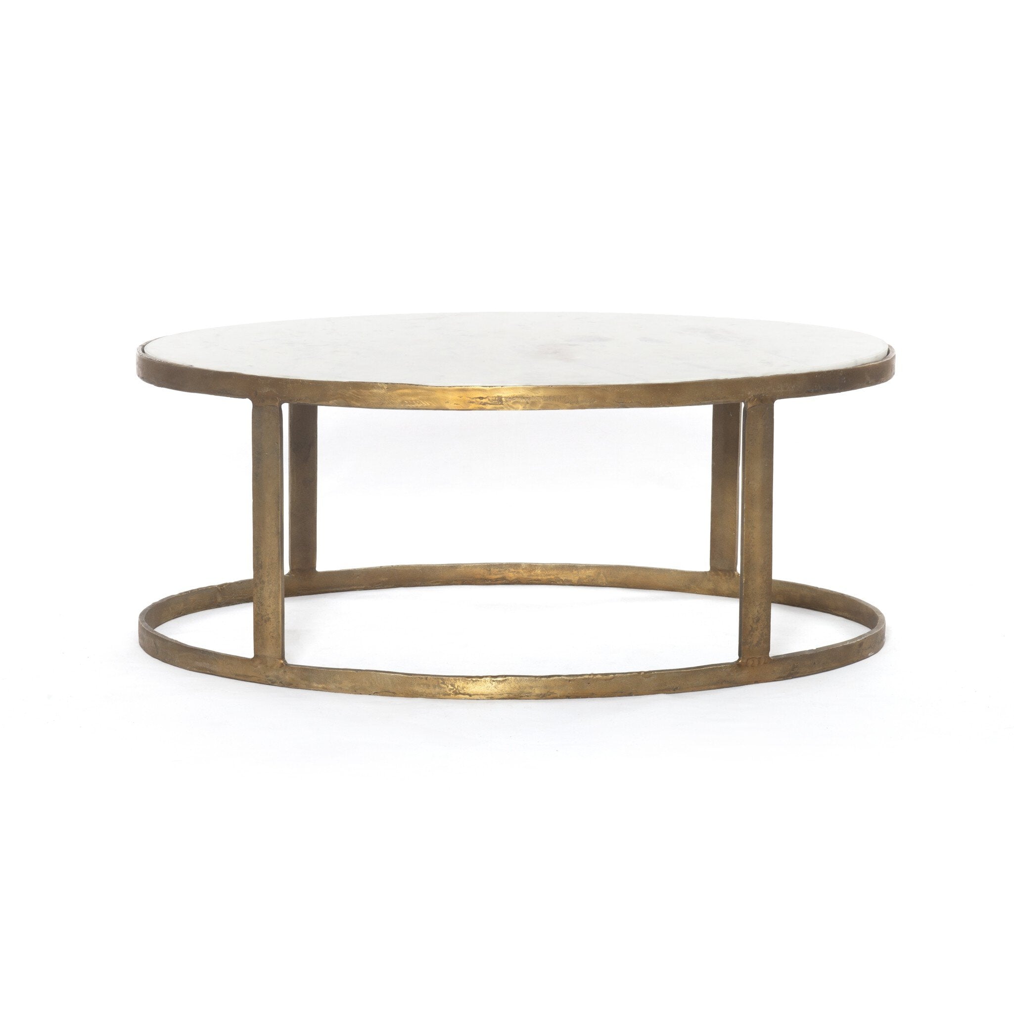 Four Hands Calder Nesting Coffee Table — Raw Brass-Tempered Glass-Polished White Marble