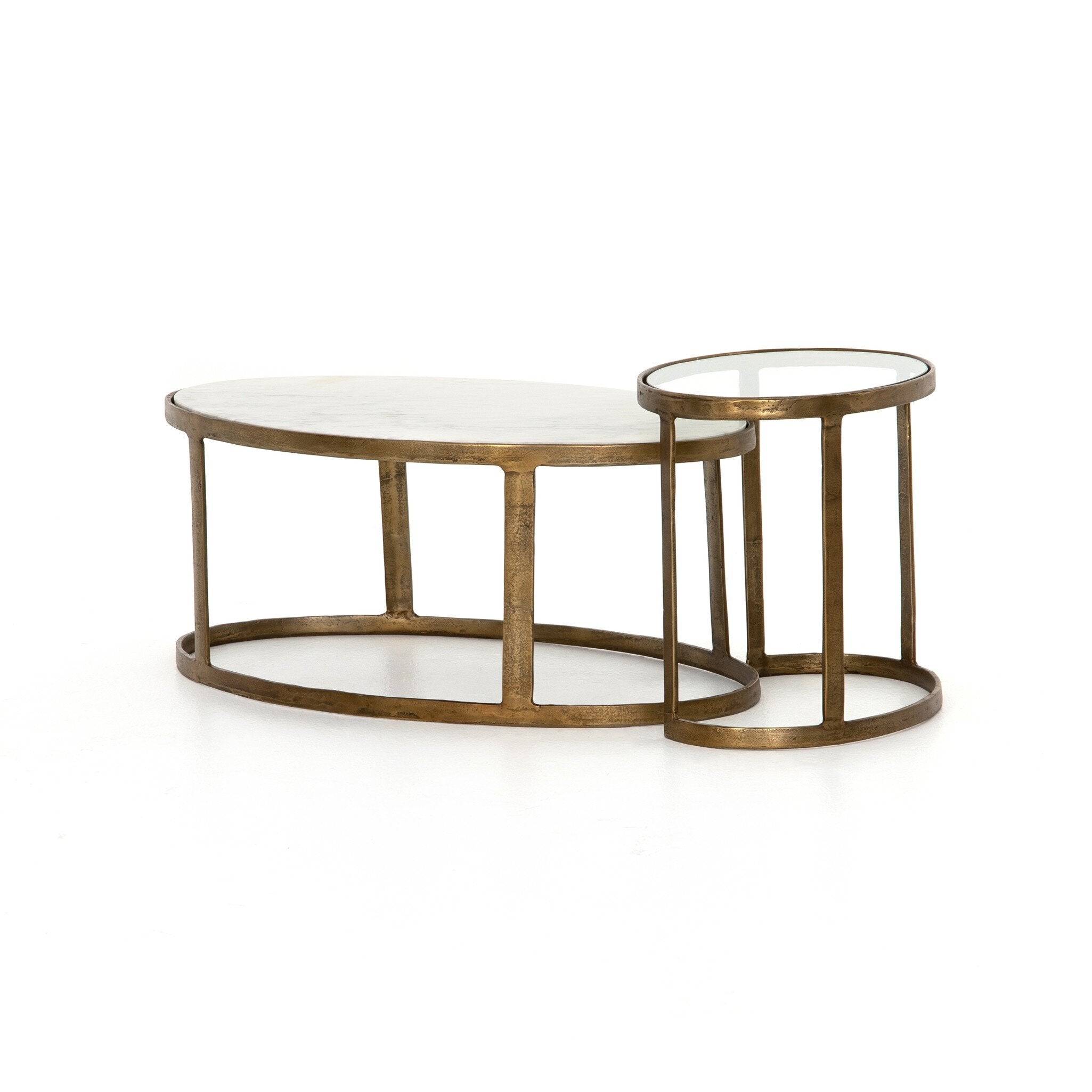 Four Hands Calder Nesting Coffee Table — Raw Brass-Tempered Glass-Polished White Marble