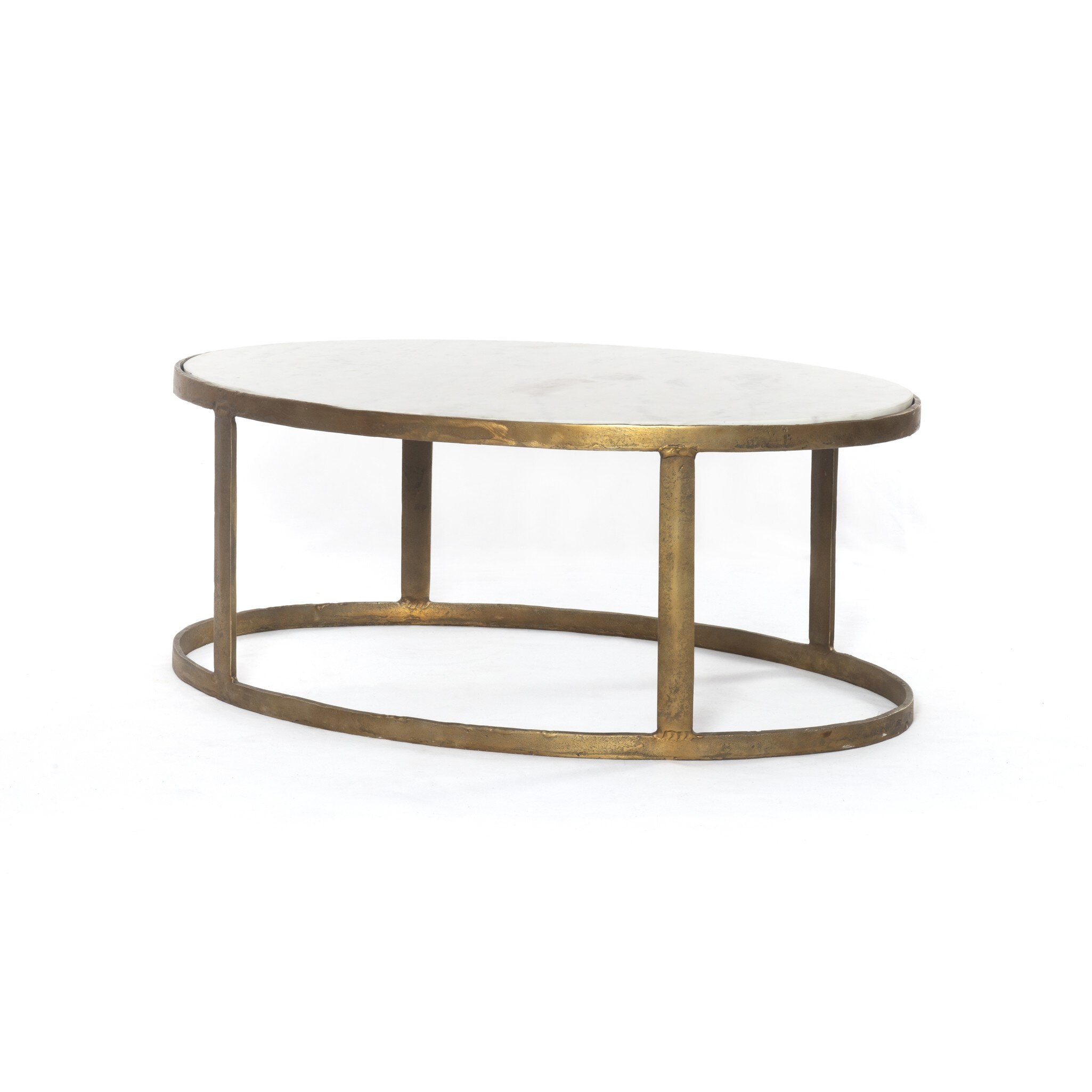 Four Hands Calder Nesting Coffee Table — Raw Brass-Tempered Glass-Polished White Marble