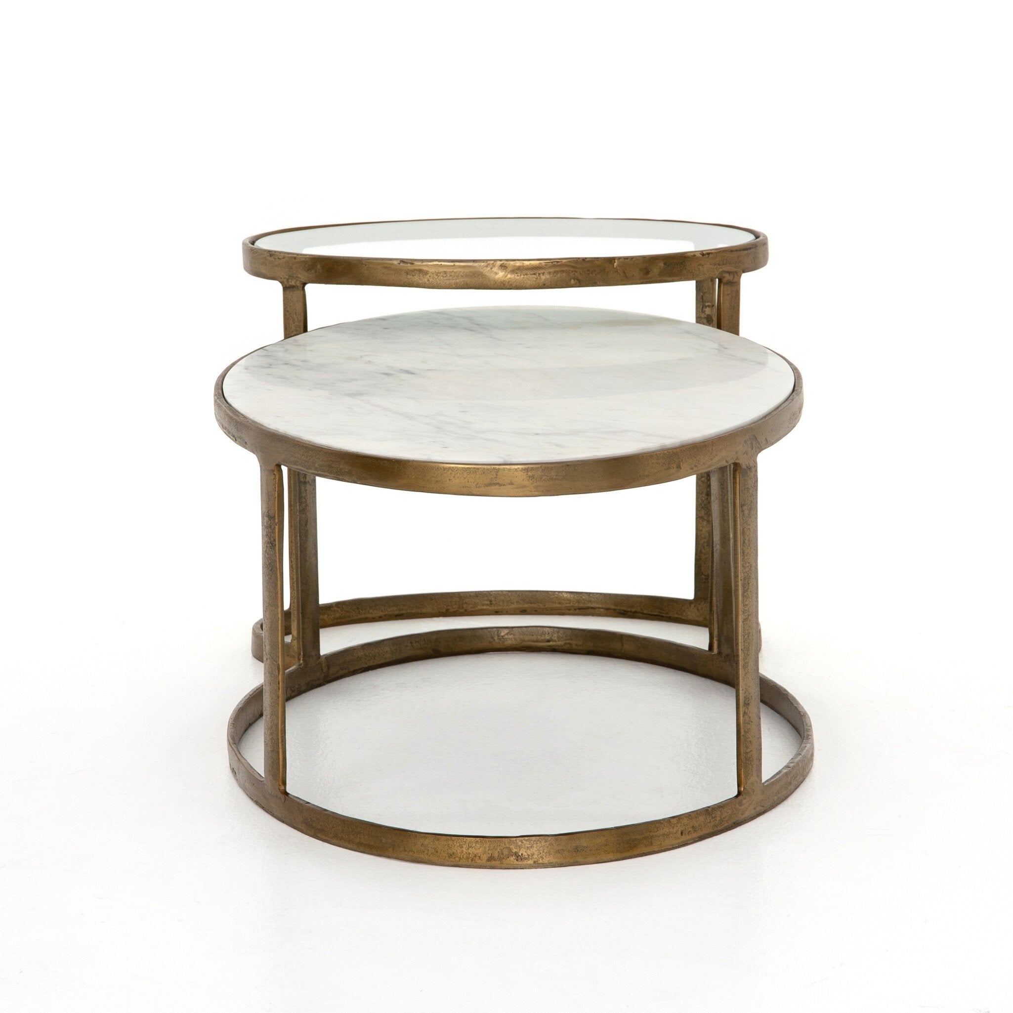 Four Hands Calder Nesting Coffee Table — Raw Brass-Tempered Glass-Polished White Marble