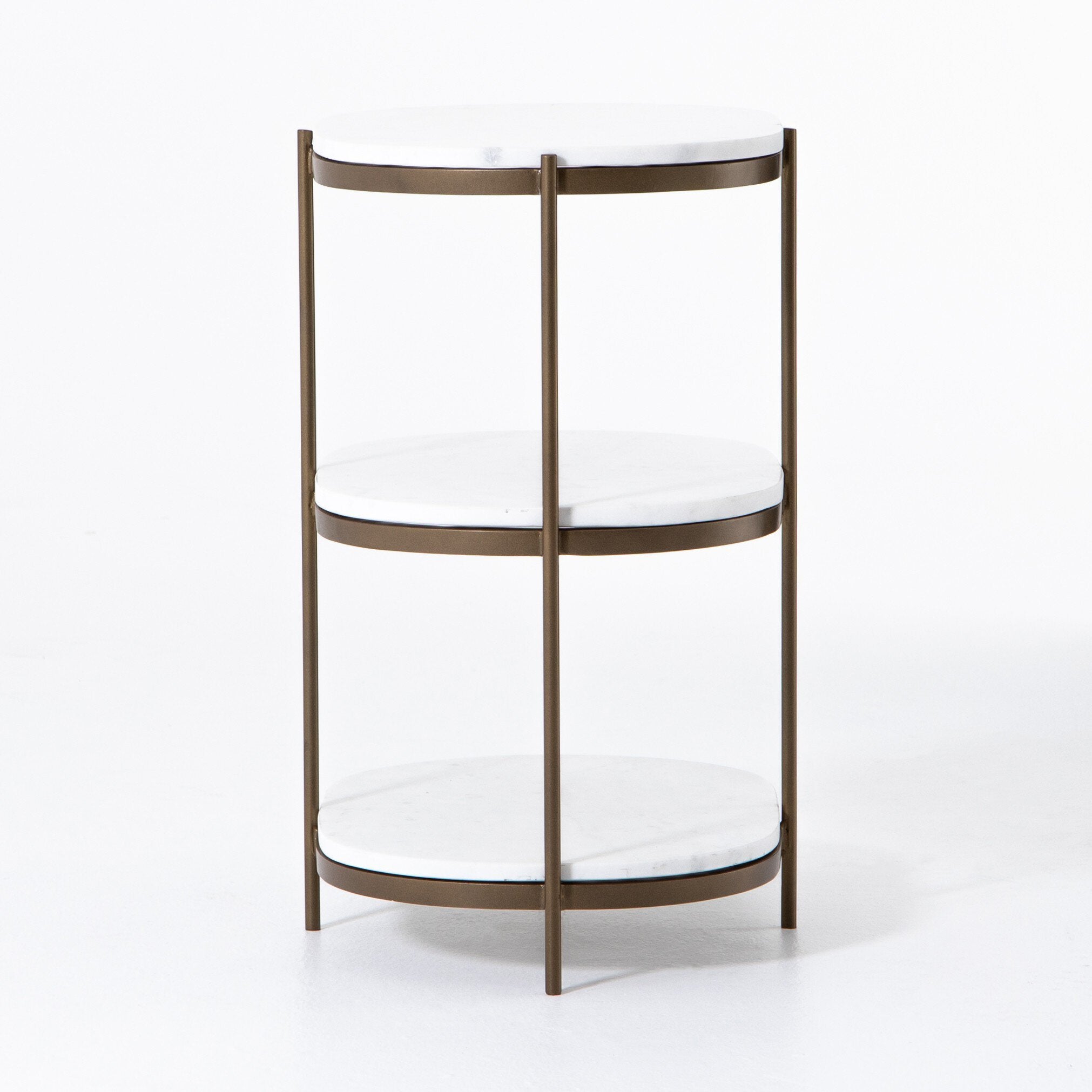 Four Hands Felix Oval Nightstand — Antique Brass-Polished White Marble