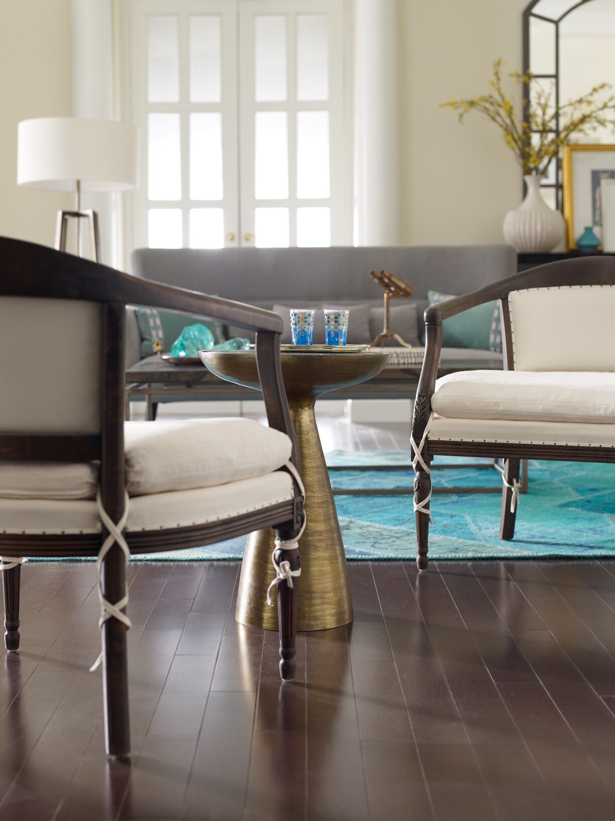 Four Hands Marlow Mod Pedestal Table — Brushed Brass-Ash Glass