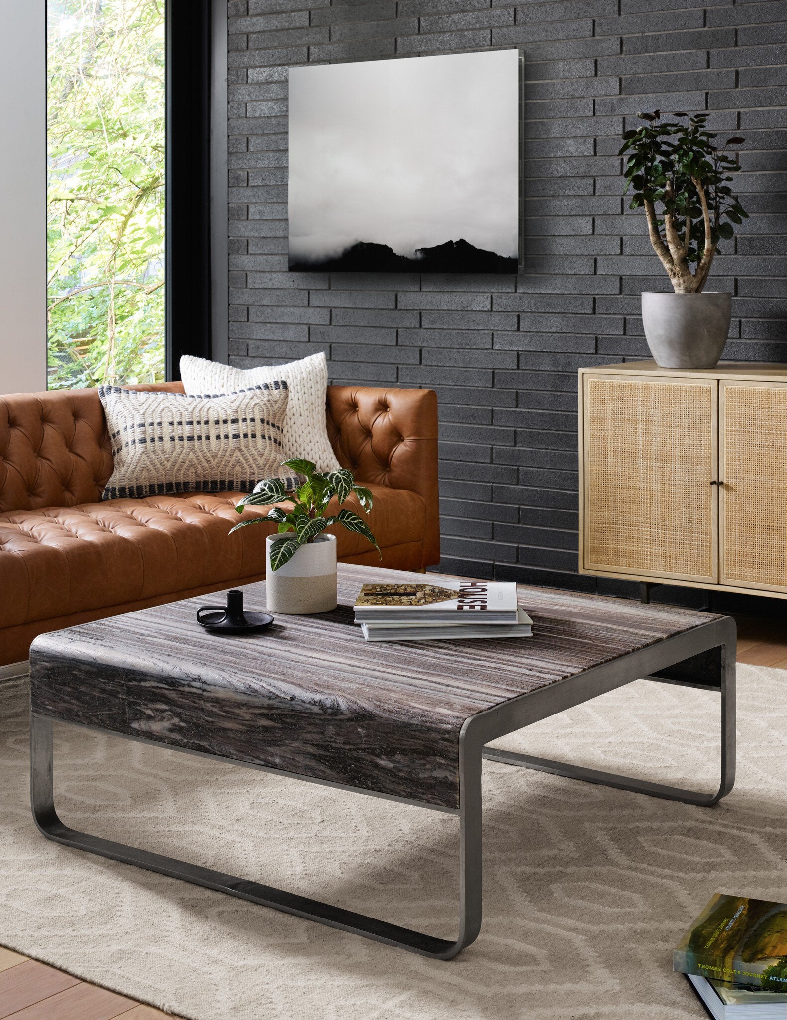 Four Hands Carmel Sideboard — Natural Mango-Natural Cane-Charcoal Grey