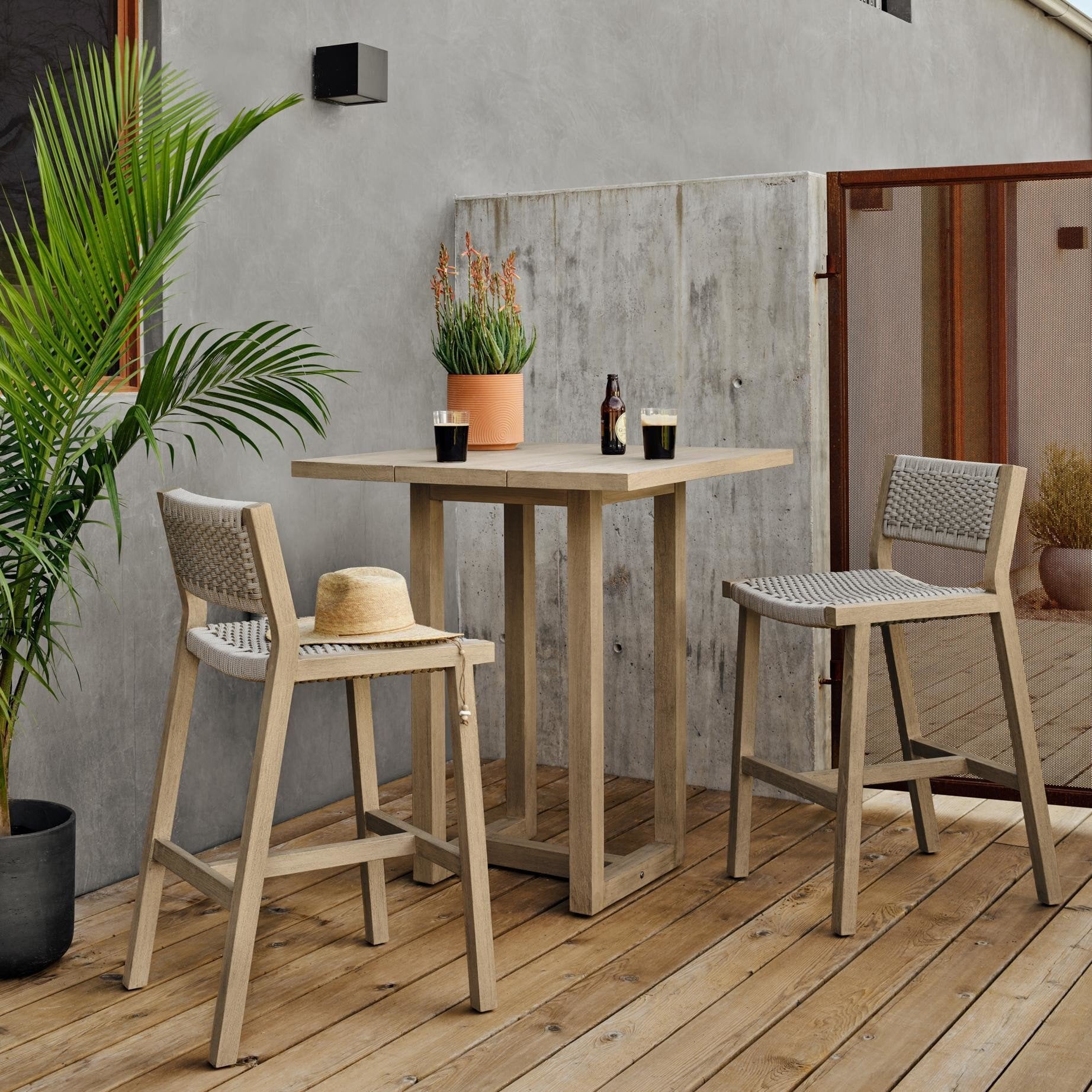 Four Hands Delano Outdoor Bar + Counter Stool — Washed Brown-FSC-Thick Grey Rope-Counter