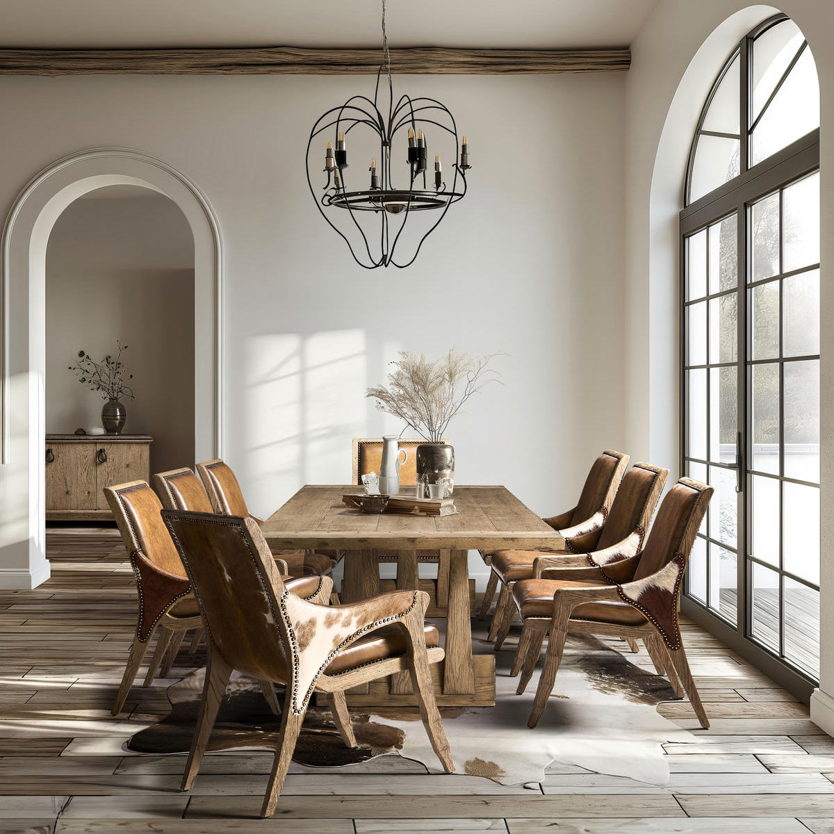 Dining room with wooden table and chairs, large window, and chandelier.