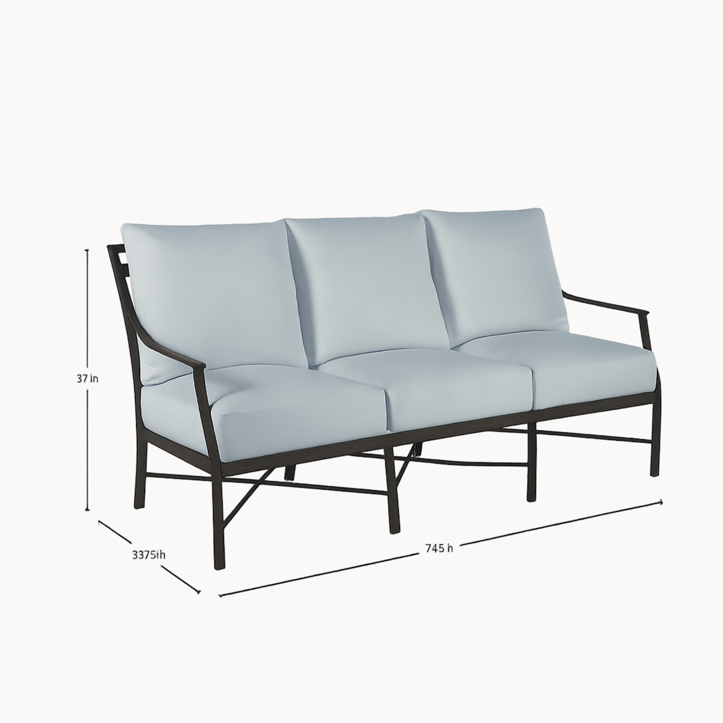 Outdoor sofa with light blue cushions and black frame, shown with dimensions on a white background.
