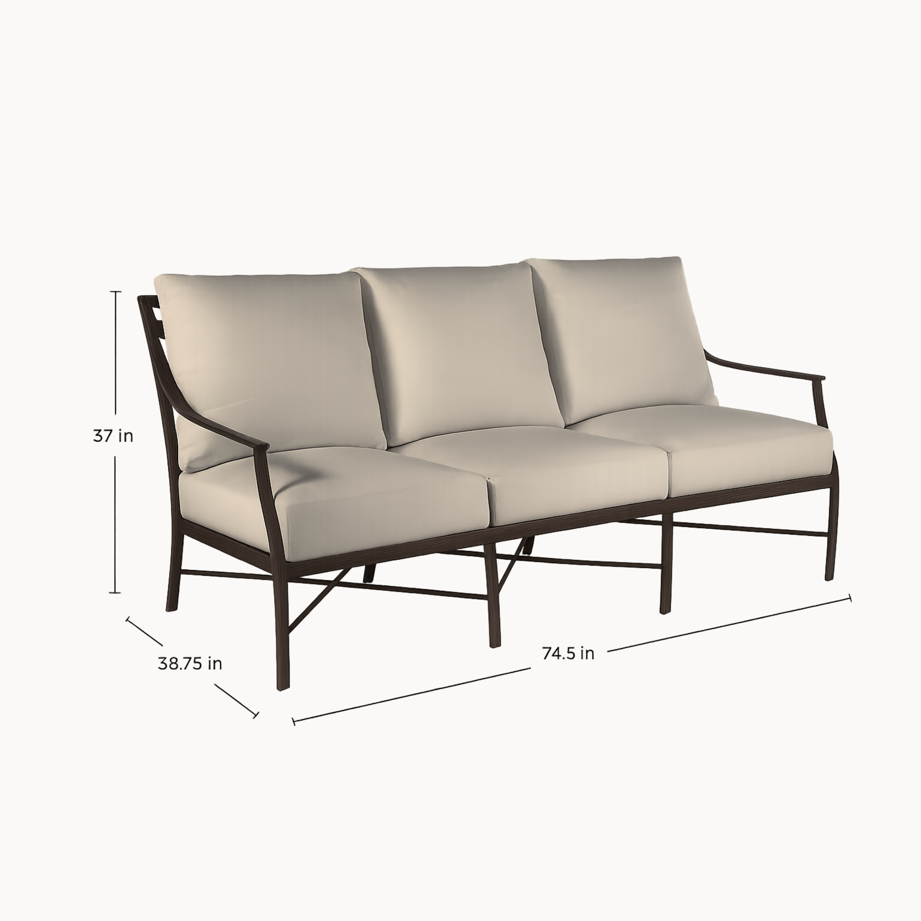 Outdoor sofa with beige cushions and metal frame, shown with dimensions on a white background.
