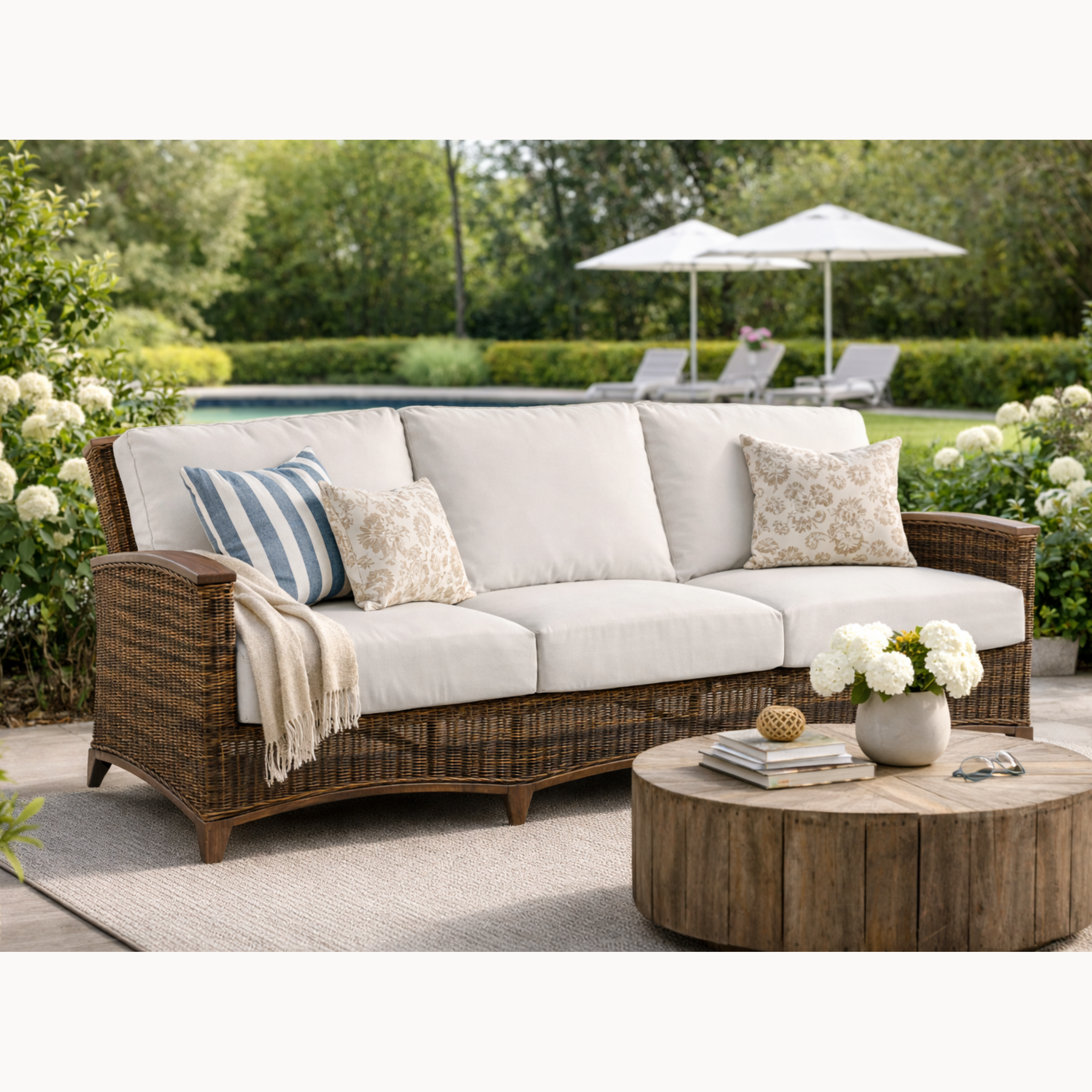 Outdoor patio set with wicker sofa, cushions, and a wooden coffee table in a garden setting.