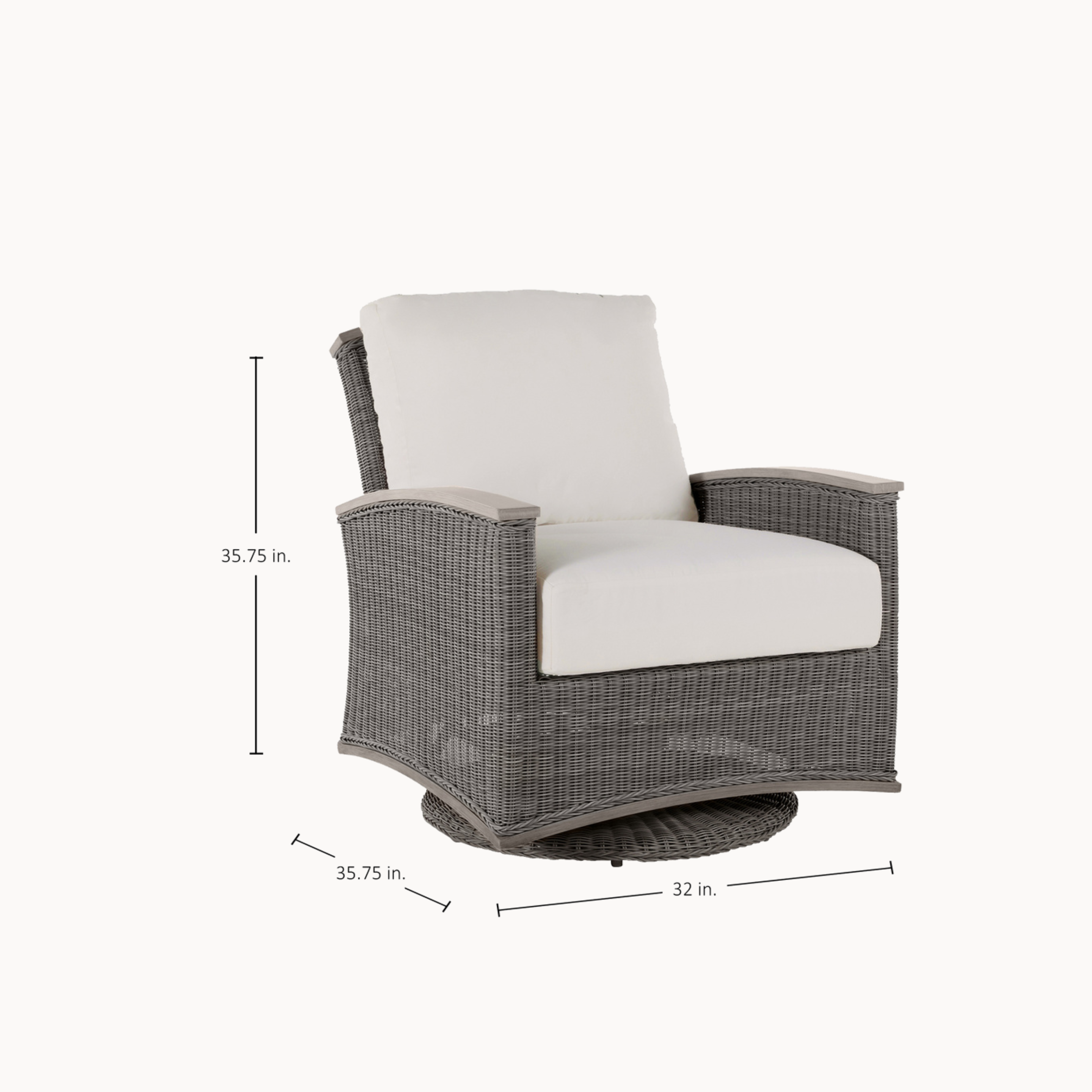 Gray wicker chair with white cushion and dimensions on a white background