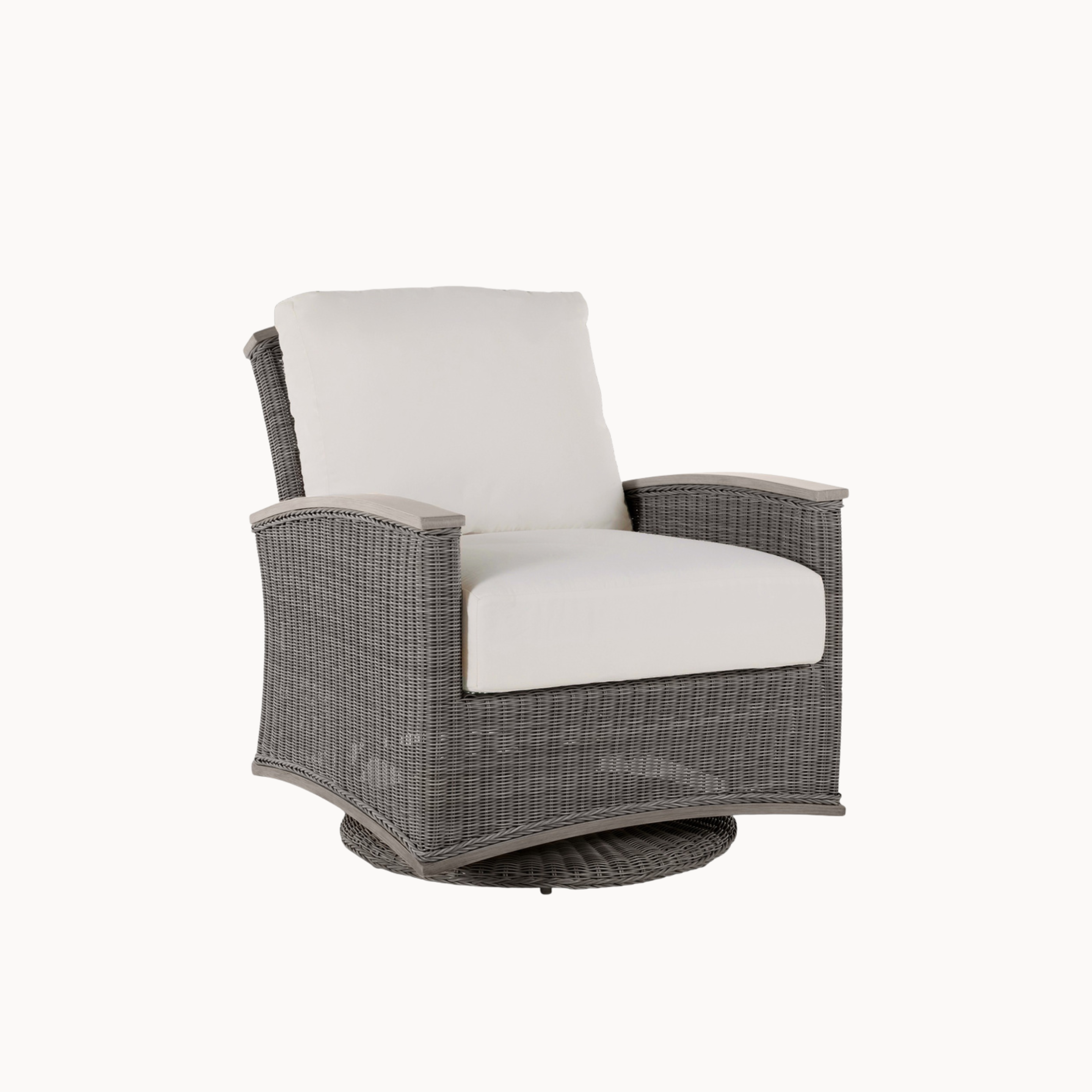 Gray wicker chair with white cushion on a white background