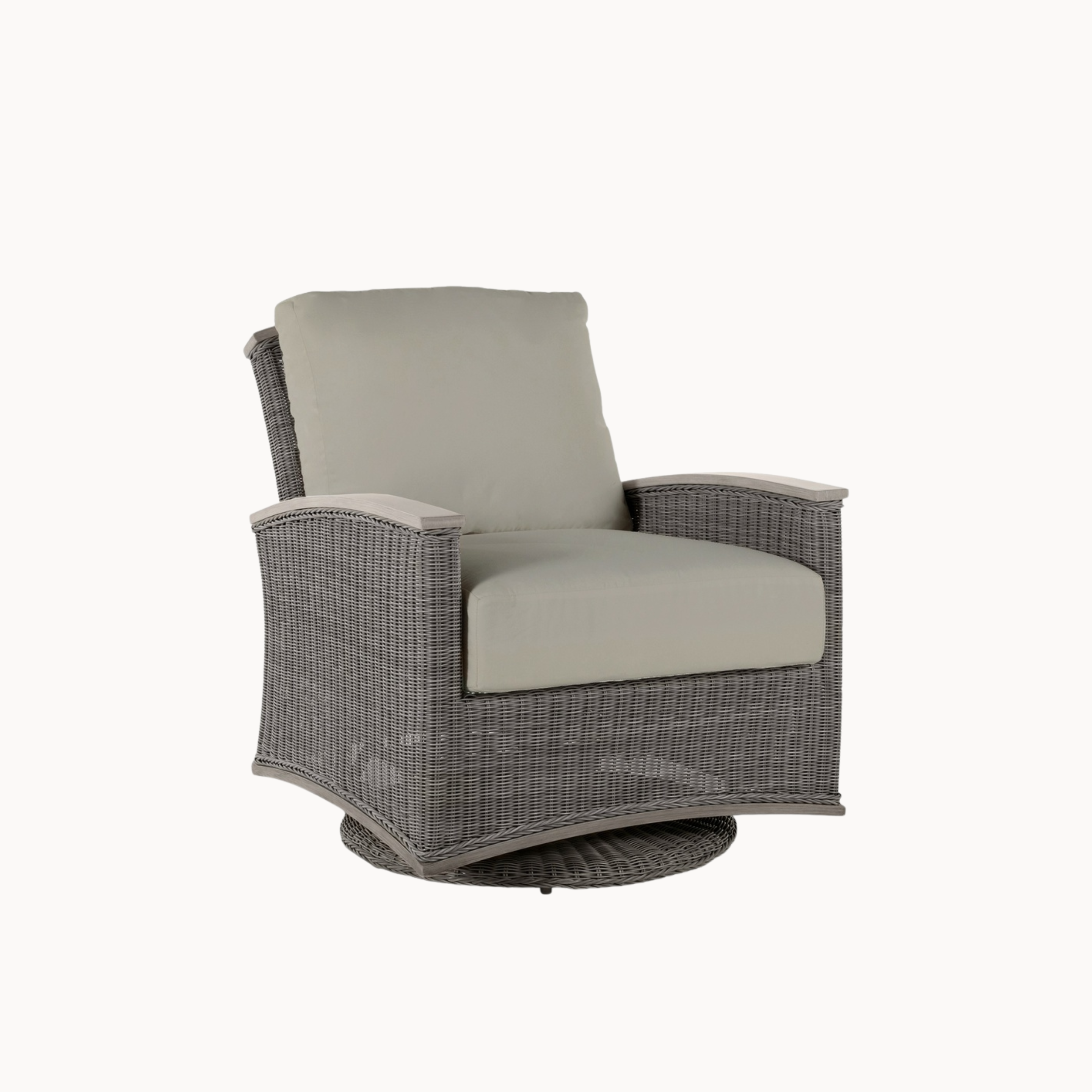 Gray wicker chair with beige cushion on a white background