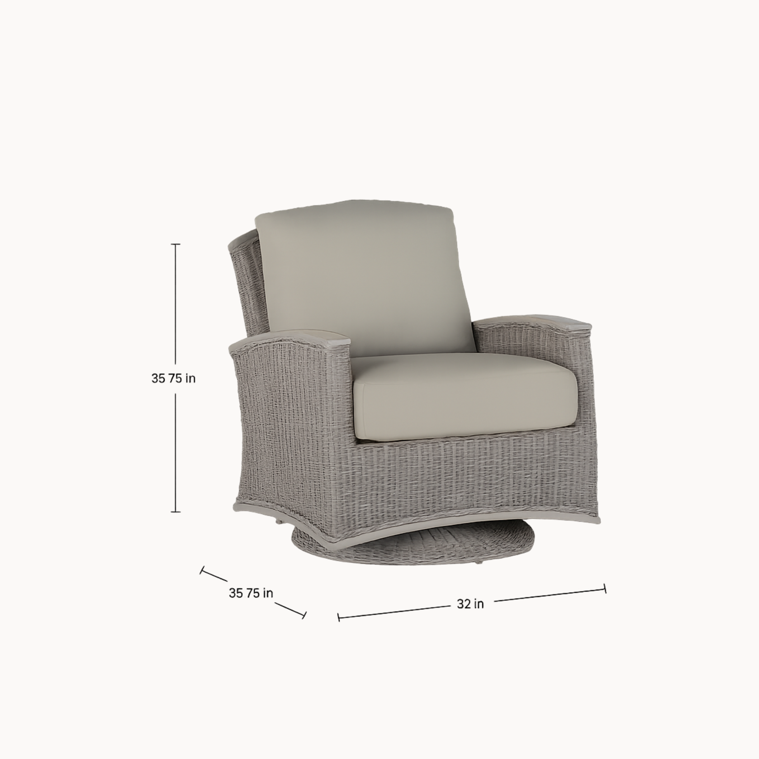 Gray wicker chair with beige cushion and dimensions on a white background