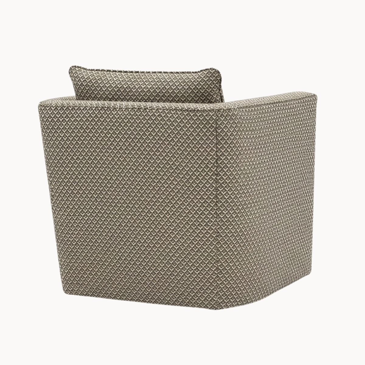 Custom tailored swivel armchair upholstered in a dense brown and beige geometric diamond pattern fabric, shown in front and angled views.