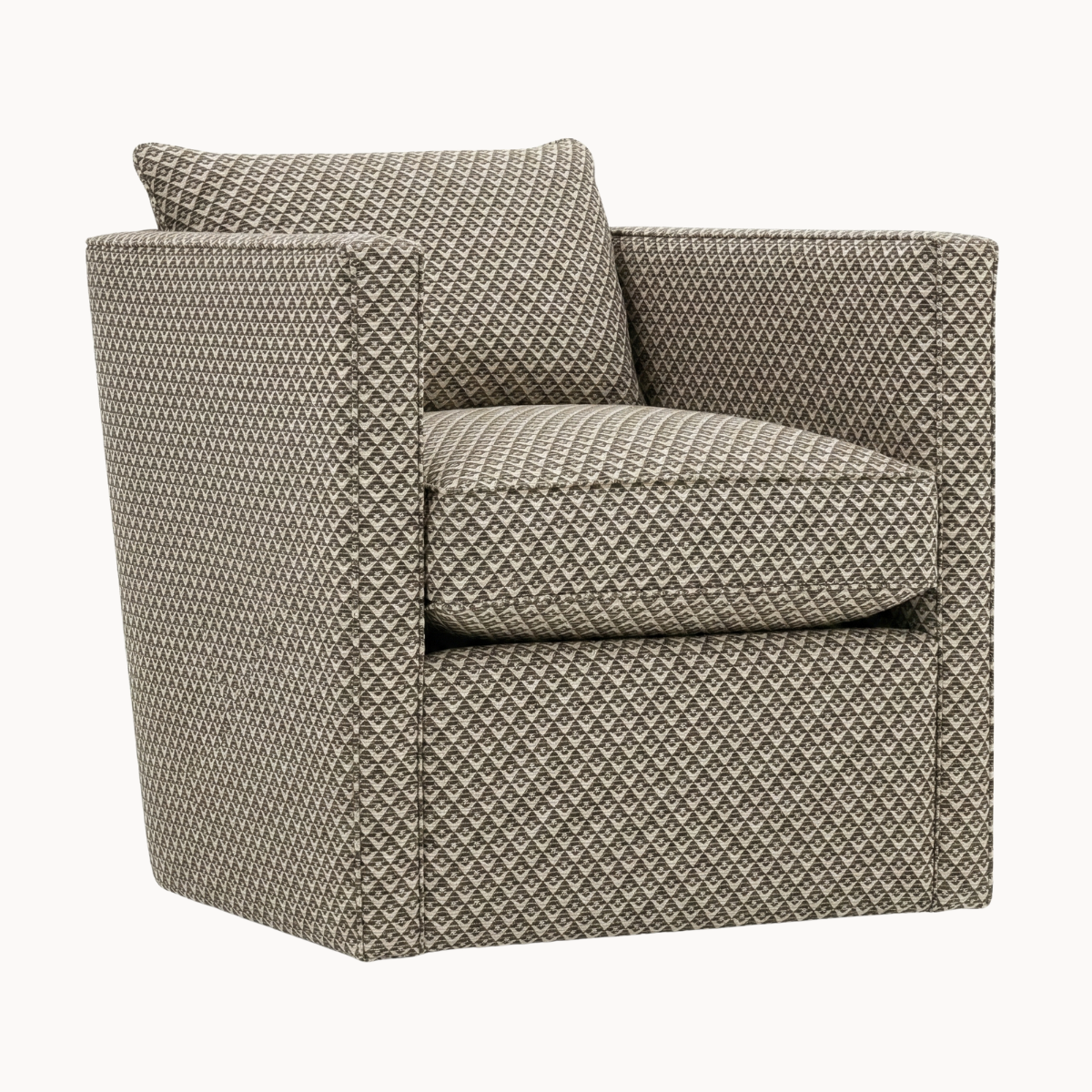 Custom tailored swivel armchair upholstered in a dense brown and beige geometric diamond pattern fabric, shown in front and angled views.