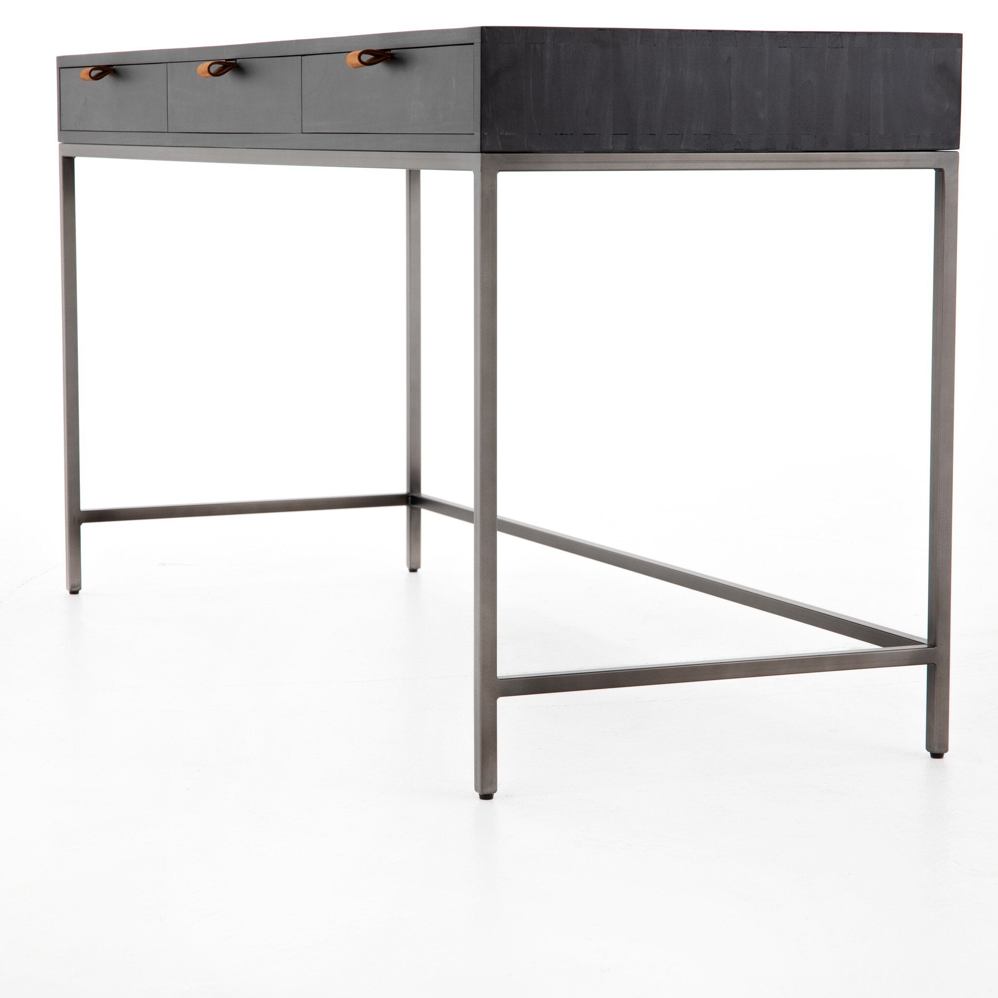 Four Hands Trey Modular Writing Desk — Black Wash Poplar-Natural Iron-Toffee Leather