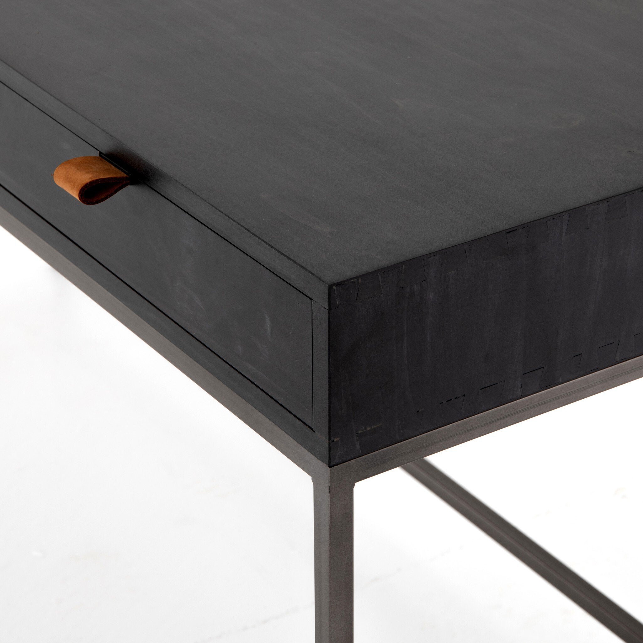 Four Hands Trey Modular Writing Desk — Black Wash Poplar-Natural Iron-Toffee Leather