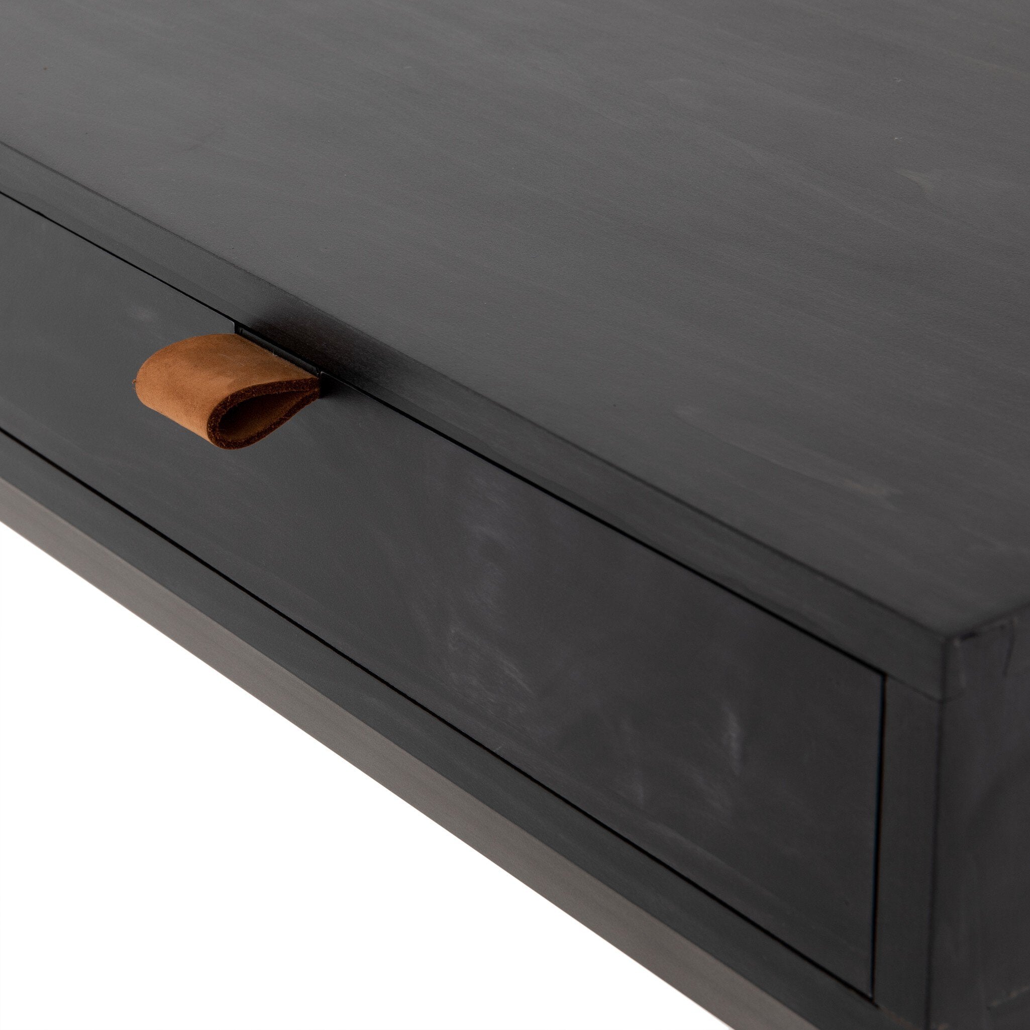 Four Hands Trey Modular Writing Desk — Black Wash Poplar-Natural Iron-Toffee Leather
