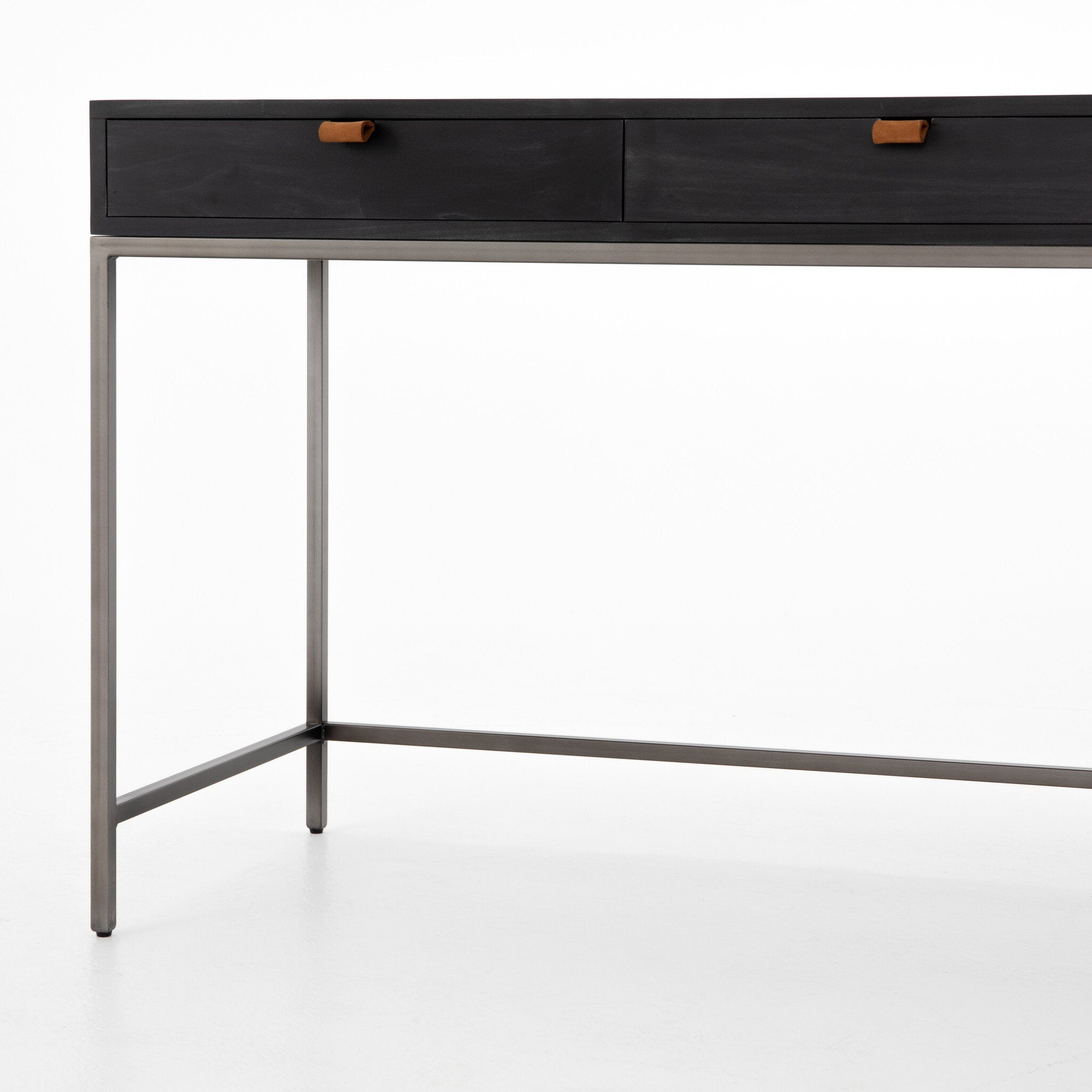 Four Hands Trey Modular Writing Desk — Black Wash Poplar-Natural Iron-Toffee Leather