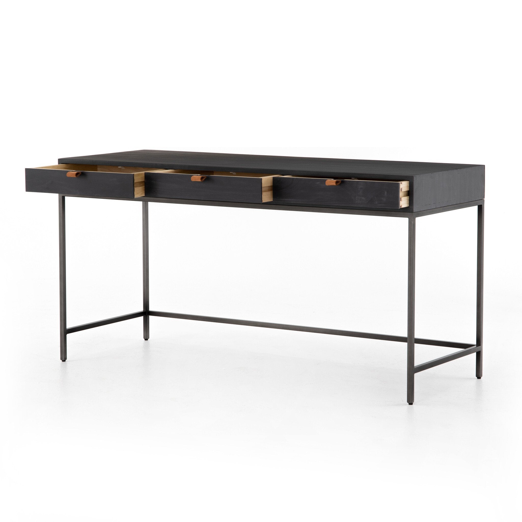 Four Hands Trey Modular Writing Desk — Black Wash Poplar-Natural Iron-Toffee Leather