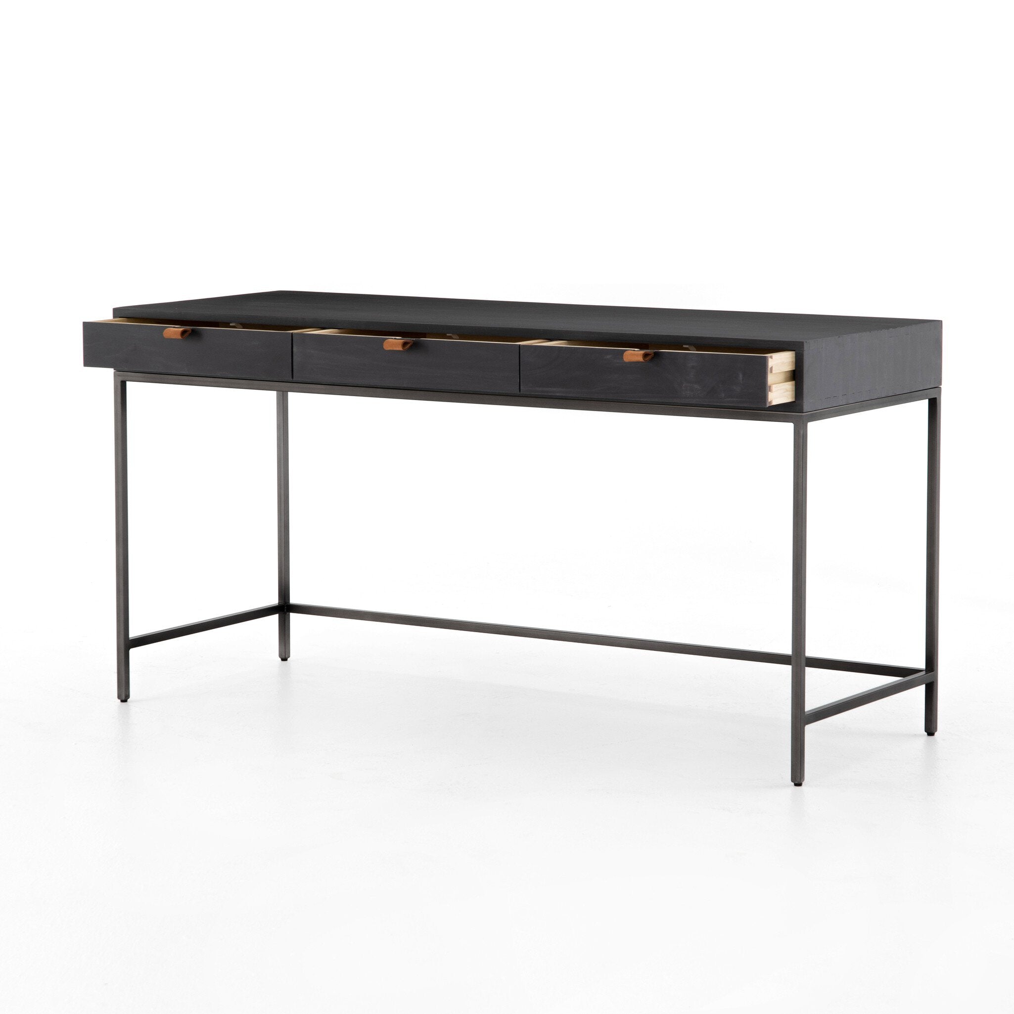 Four Hands Trey Modular Writing Desk — Black Wash Poplar-Natural Iron-Toffee Leather