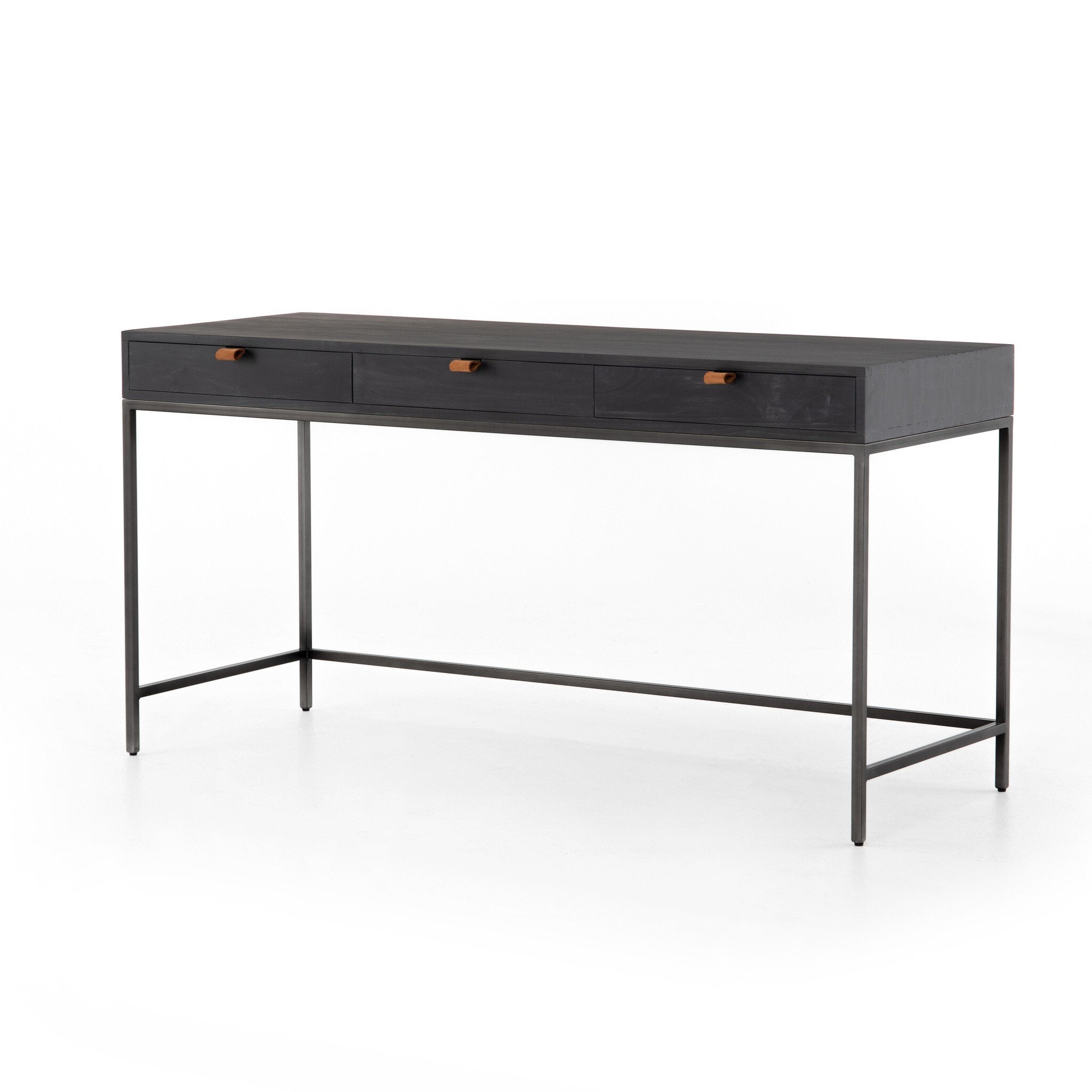 Four Hands Trey Modular Writing Desk — Black Wash Poplar-Natural Iron-Toffee Leather