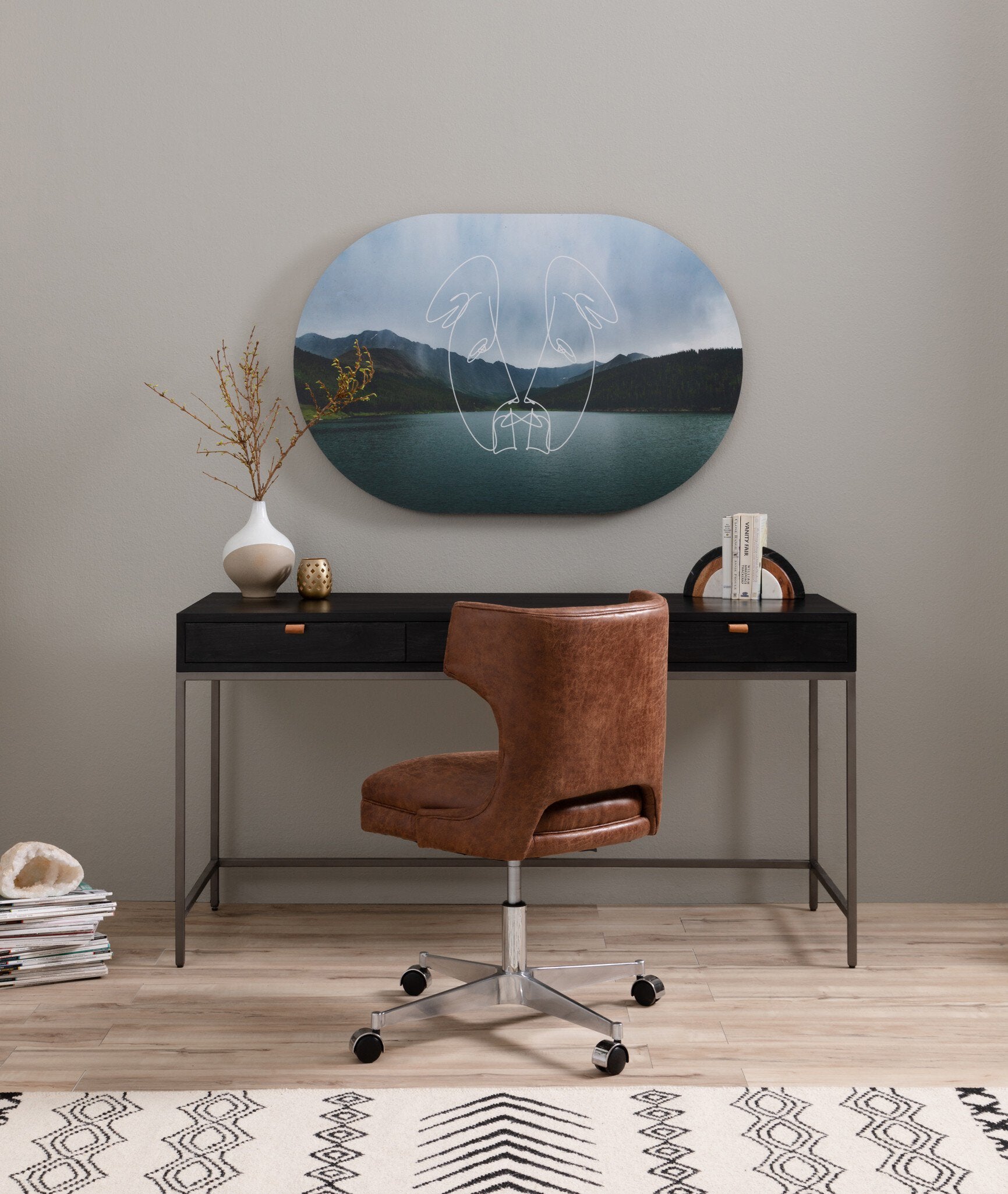 Four Hands Trey Modular Writing Desk — Black Wash Poplar-Natural Iron-Toffee Leather