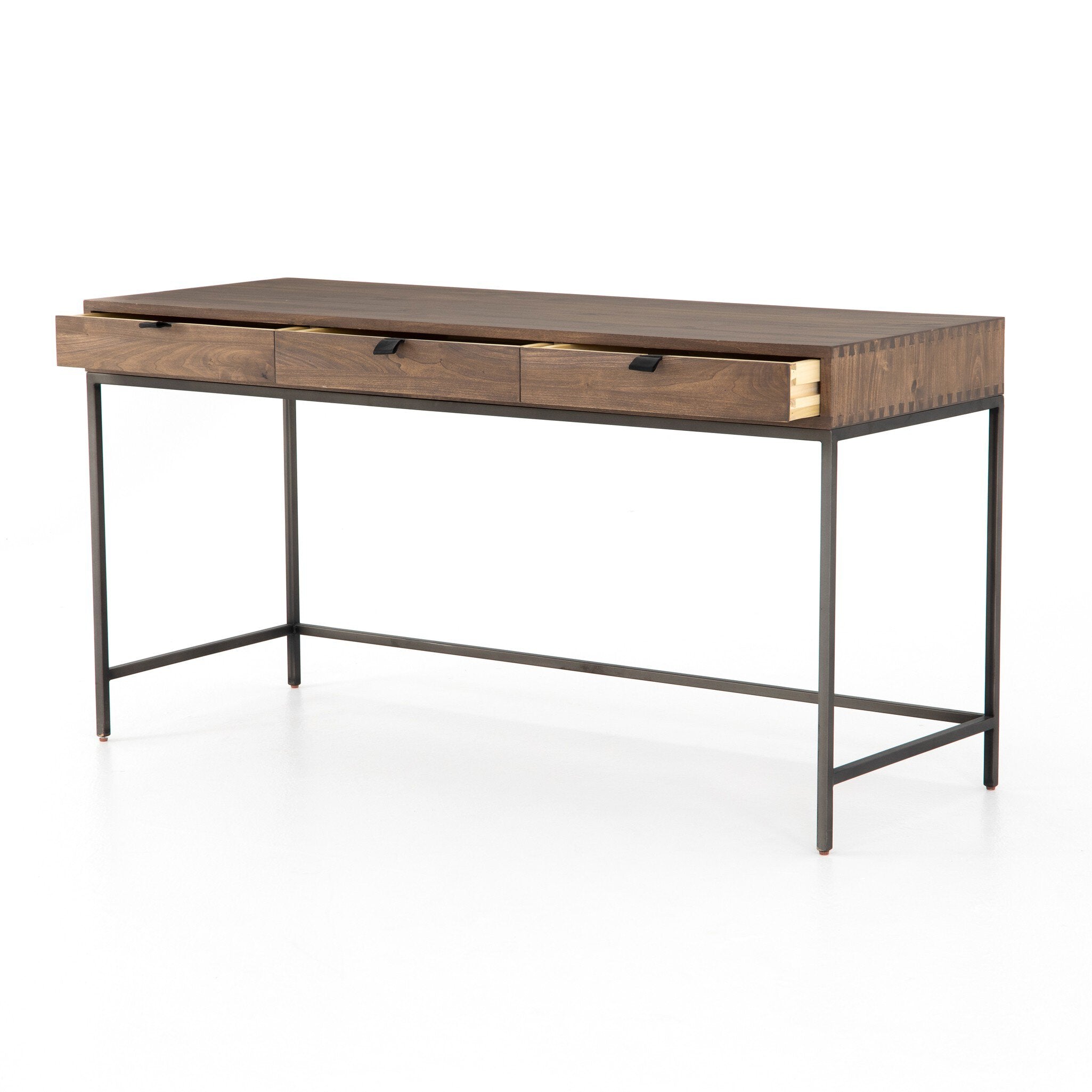 Four Hands Trey Modular Writing Desk — Auburn Poplar-Natural Iron-Black Leather