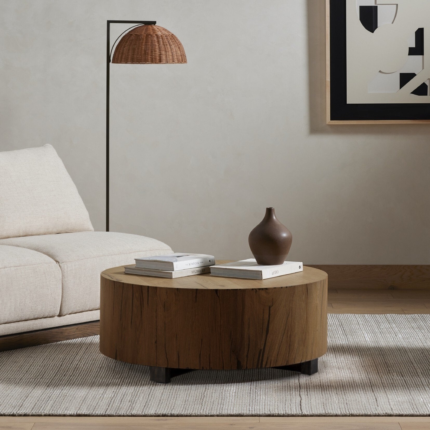 Four Hands Hudson Round Coffee Table — Natural Yukas Resin-Black Pine
