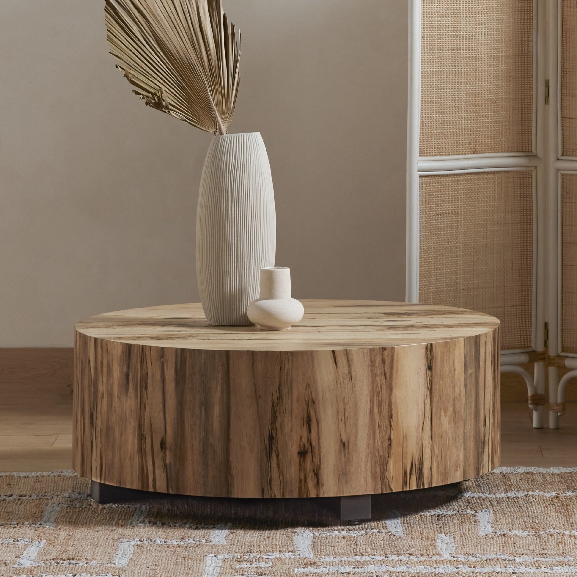 Four Hands Hudson Round Coffee Table — Spalted Primavera-Black Pine