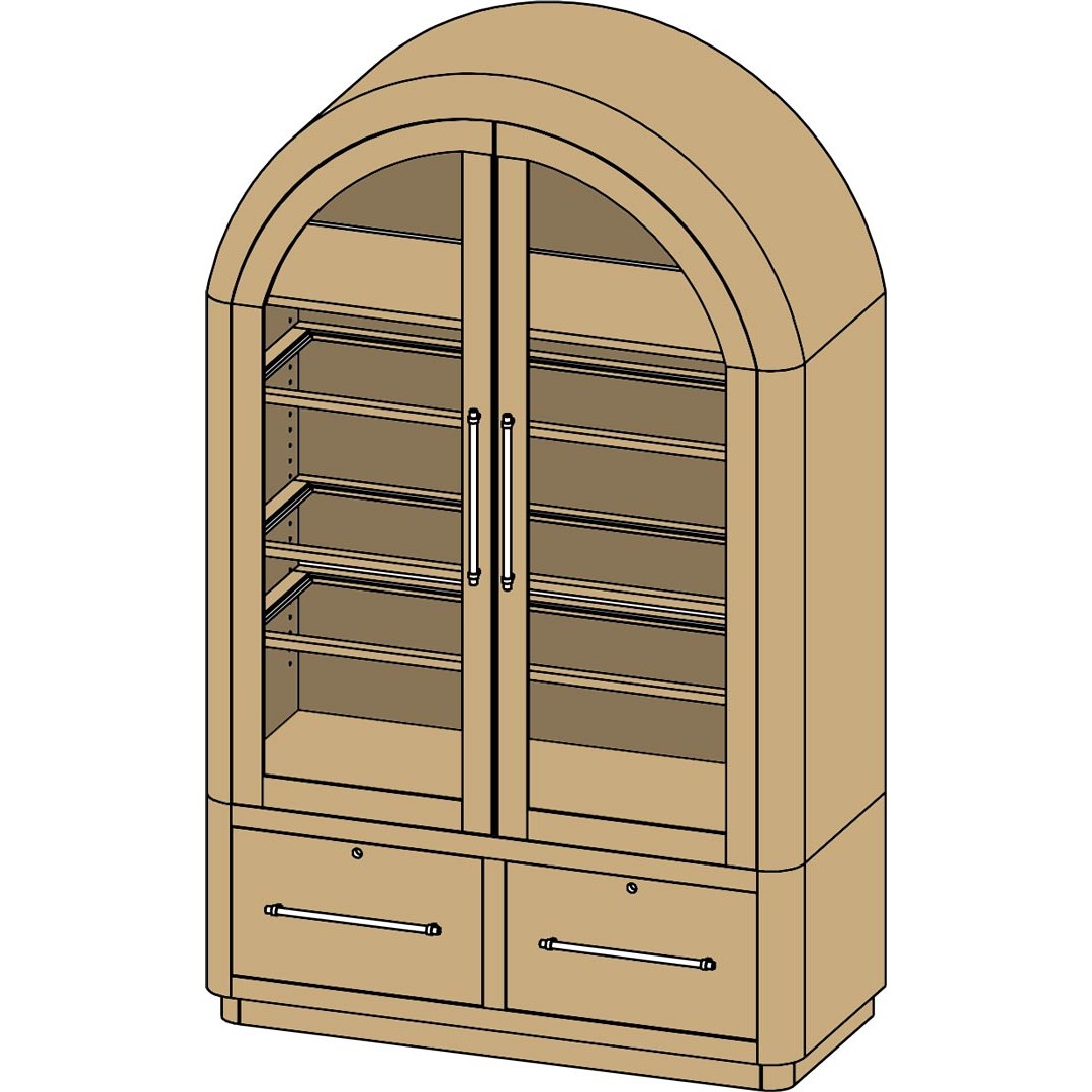 Yutzy Woodworking Rialto Arched Bookcase — with file drawers and glass doors, line drawing