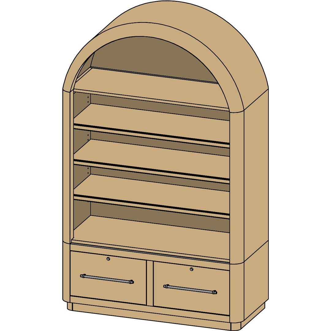 Yutzy Woodworking Rialto Arched Bookcase — open with file drawers, line drawing