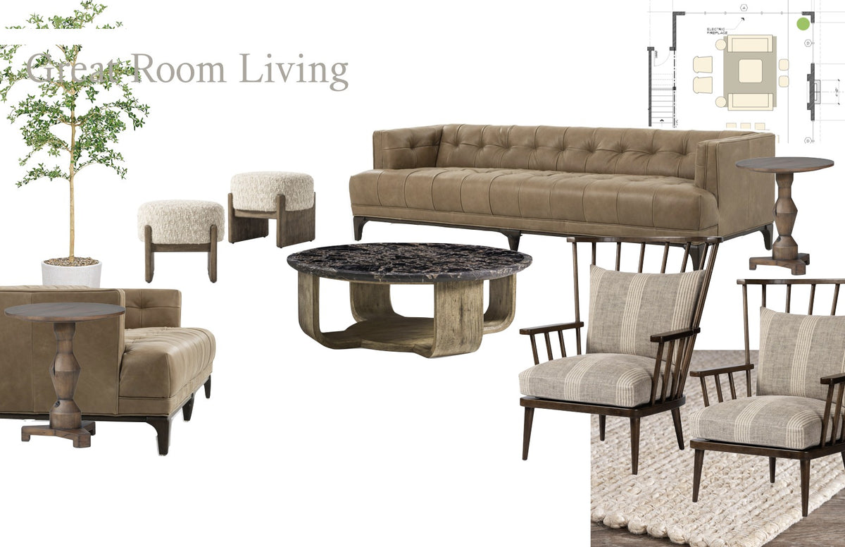 Bradens design brief for a mountain great room: furniture selections and builder floor plan