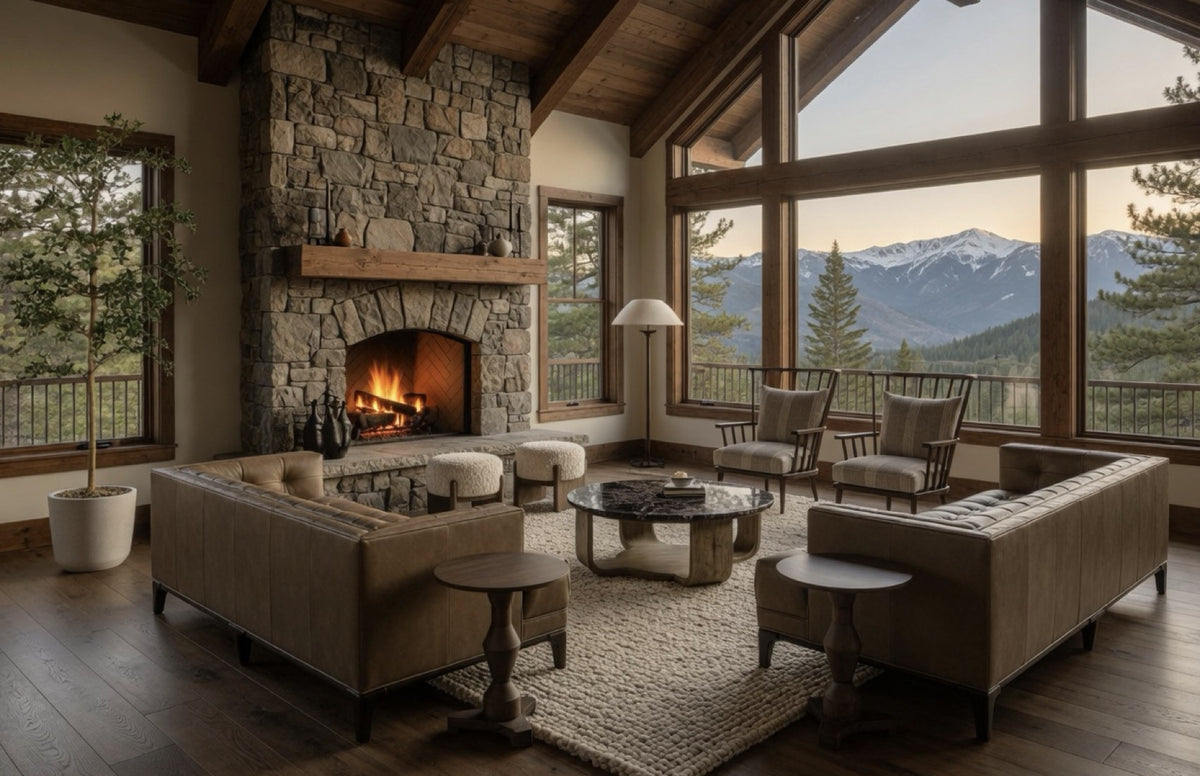 The finished great room: leather sofas, spindle chairs, and stone fireplace designed by Bradens