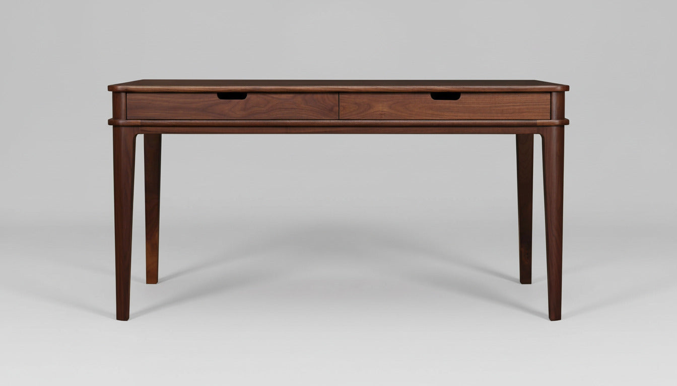 Wooden desk with two drawers on a white background