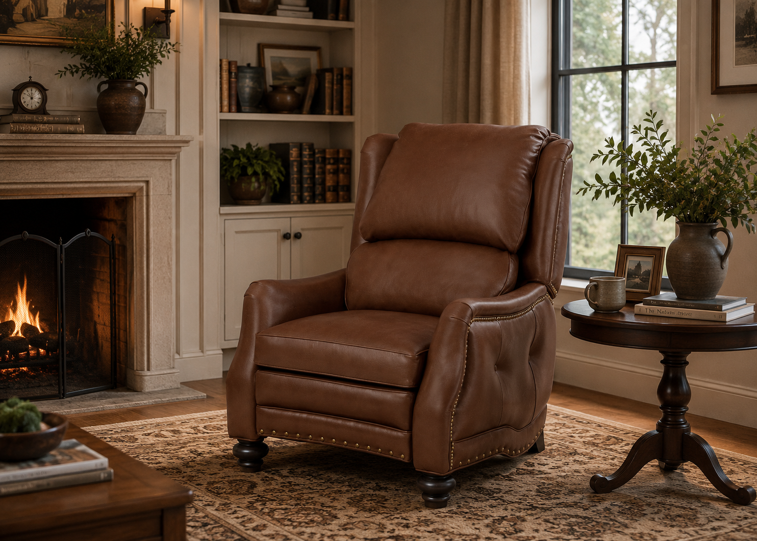 Brown leather recliner chair in a cozy living room with a fireplace and bookshelf.